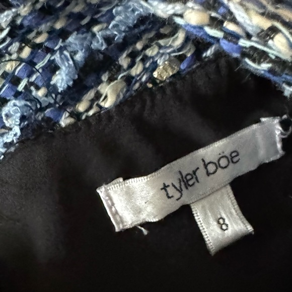 Tyler Boe Tweed High Neck Sleeveless Sheath Dress Fringe Blue Gold Size 8 - Picture 8 of 9